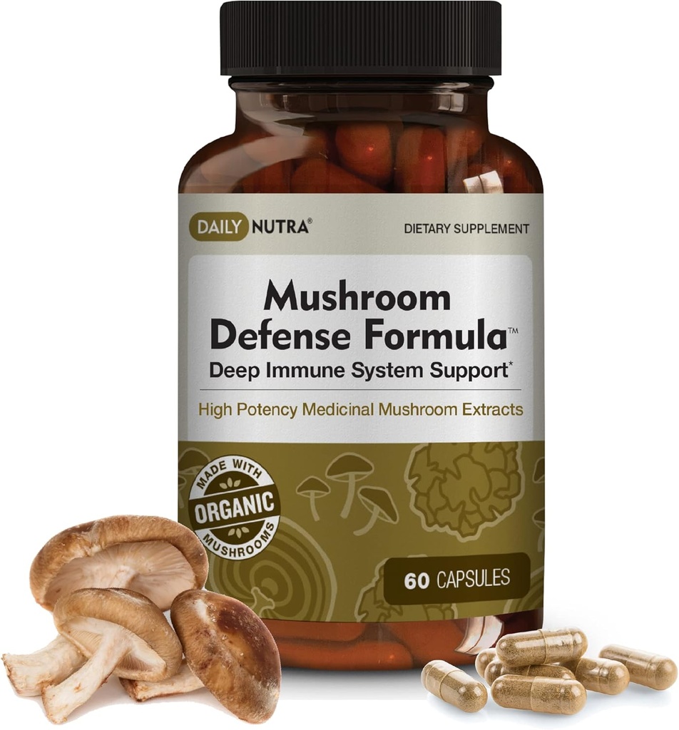 DailyNutra Mushroom Defense Formel - Immunitet Support Name 124; Organic Mushrooms, Varmt vand Udtrukket - Reishi, Chaga, Maitake, Shiitake & Tyrkiet Tail (60 kapsler)