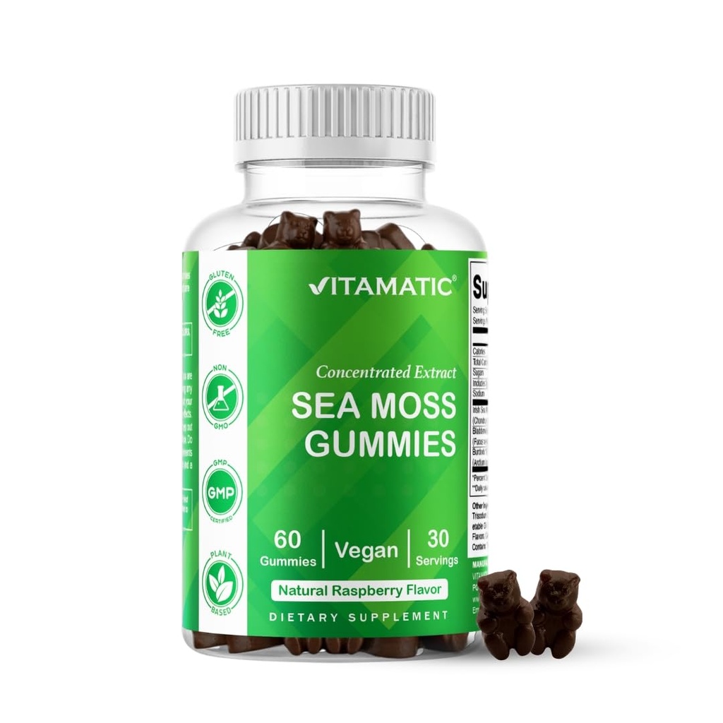 Vitamatic Irish Sea Moss Gummies - 3000 mg Ækvivalent Per Servering (fra ekstrakt 132,5 mg) - 60 Ct - Lavet med Bladderwrack & Burdock Root - 2 Pack