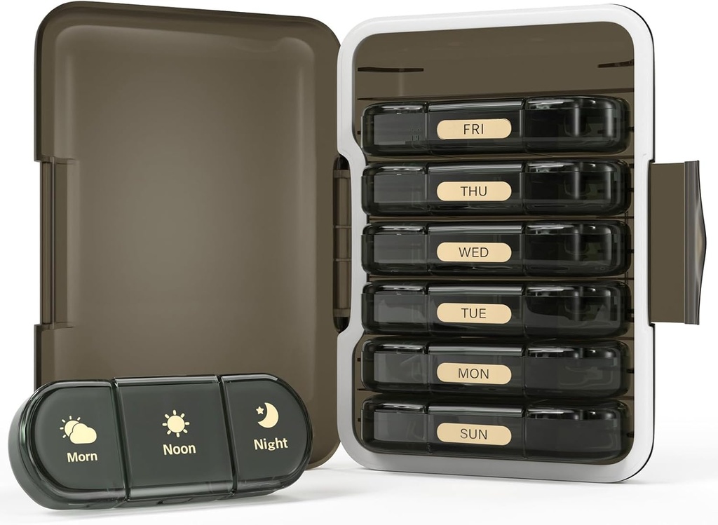 Ugentlig Pill Organizer 3X om dagen, 7 dag Pill Box 3 gange, Portable for Travel Pill Case for Pills / Vitamin / Fish Oil / Medicin / Kosttilskud (3x7 Black)
