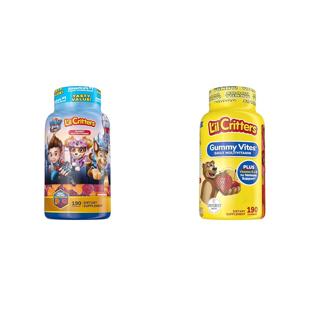 L 'il Critters Paw Patrol & Gummy Vites Kids Multivitamin Gummies, 190 Grev Kirsebær, Jordbær, Orange, Ananas og Blåbærsmag