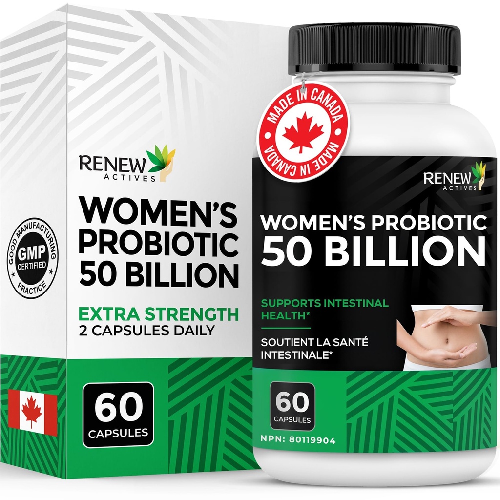 GENNEW AKTIVITETER Probiotika til kvinder 50 Millioner CFU per 2 kapsler - MAKTREK teknologi, 4 Probiotiske Strops & Prebiotic Blend - Understøtter fordøjelse sundhed & Gut Flora Balance- Made in Canada- 60 kapsler