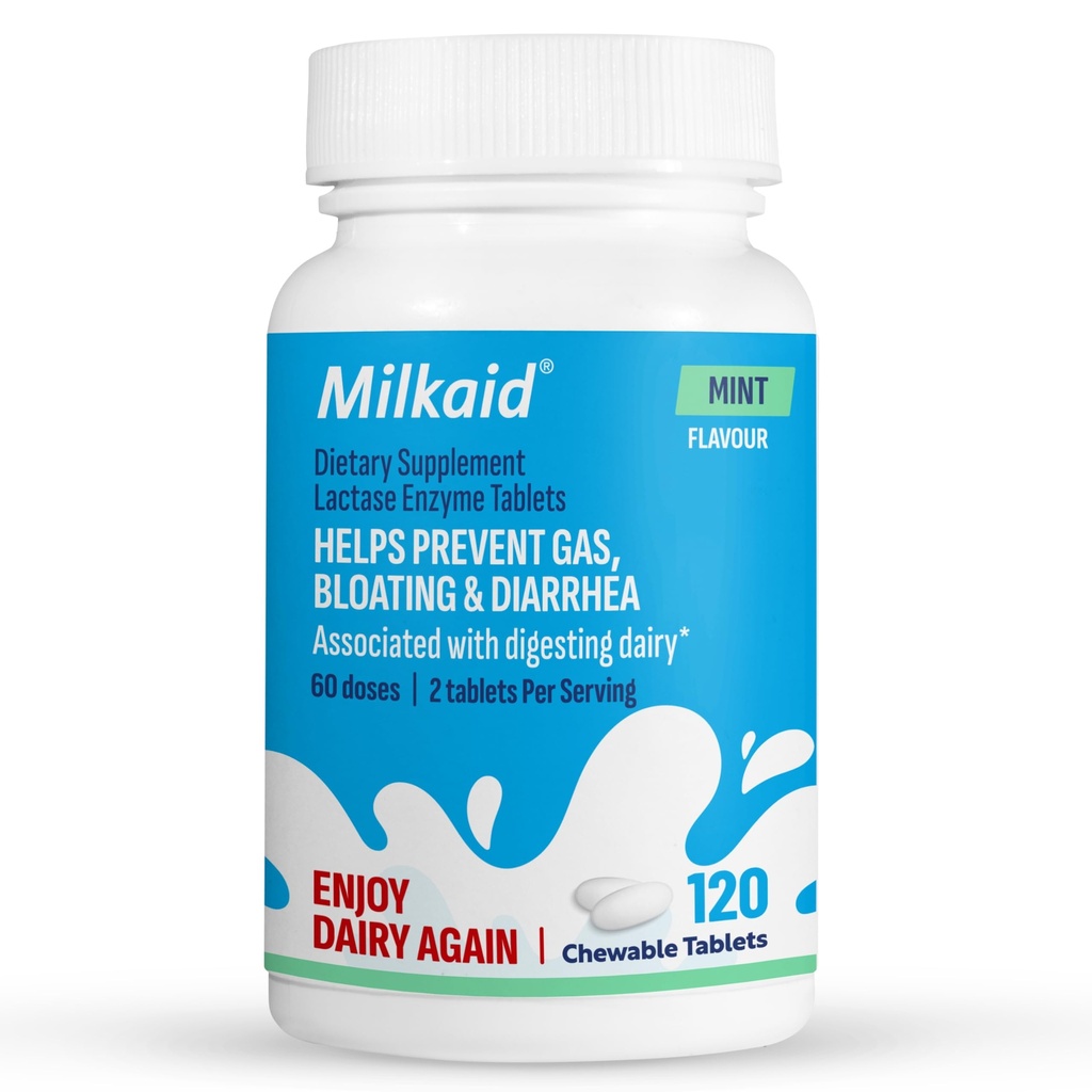 Milkaid Lactase Enzyme tyggetabletter til laktoseintolerance Relief 124; Forhindrer Gas, Bloating & Diarrhea