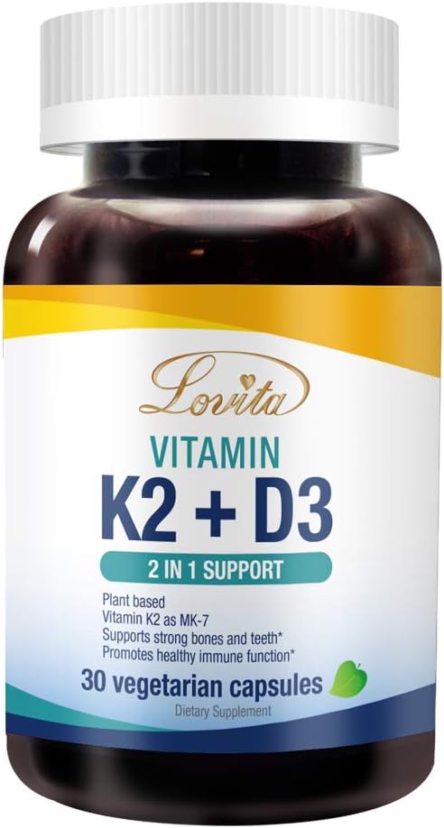 Lovita Vitamin K2 + D3, 400 IE Vegan Vitamin D3 & 120 mcg Vitamin K2 (MK- 7), 2 i 1 Formel, immunvitamin kompleks, 30 Vegetariske kapsler