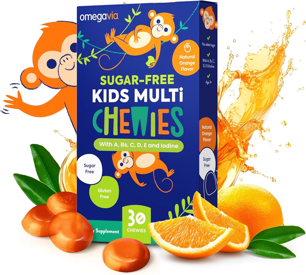 OmegaVia Sugar Free Kids Multivitamin Chewies - Daily Chewable Gummy Vitamin for Kids 3 +, Vitamin A, C, D3, E, B6 & B12, Folate & Mere, Natural Orange Flavor, 30 Greve