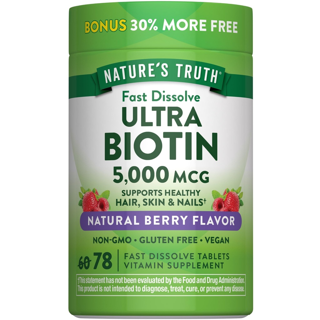 Nature 's Truth Biotin 5000mcg against 124; 78 Fast Dissoll Tablets against 124; Natural Berry Flavor against 124; Vegan, Non- GMO, Gluten Free