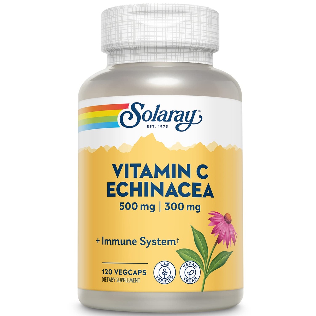 SOLARAY C-vitamin & Echinacea Root Note 124; Sund Immunsystemet Support w / 500 mg VIT C & 300 mg Echinacea Per Capsule