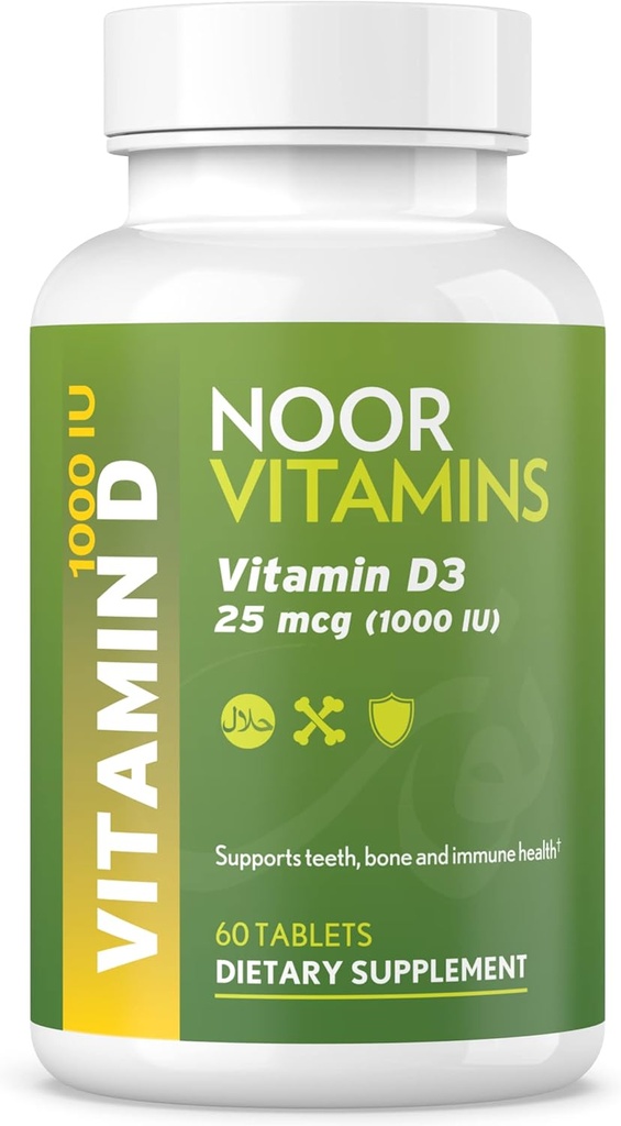 Noor Vitamin Halal D, Halal D3, 1000 IE tabletter, understøtter ben, immun- og hjertesundhed, non- GMO, gluten Free & Halal (60 Tæl)