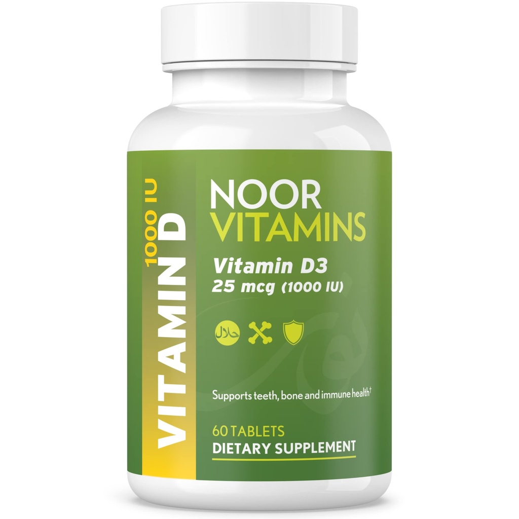 Noor Vitamin Halal D, Halal D3, 1000 IE tabletter, understøtter ben, immun- og hjertesundhed, non- GMO, gluten Free & Halal (60 Tæl)
