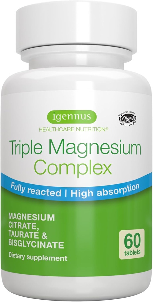Igennus Superior Triple Magnesium Complex, Fuldt Reaged & Chelated Glycinate, Taurate & Citrate, Clean Label, High Bioavailability & Absorption, 60 tabletter, Vegan, Non- Buffered