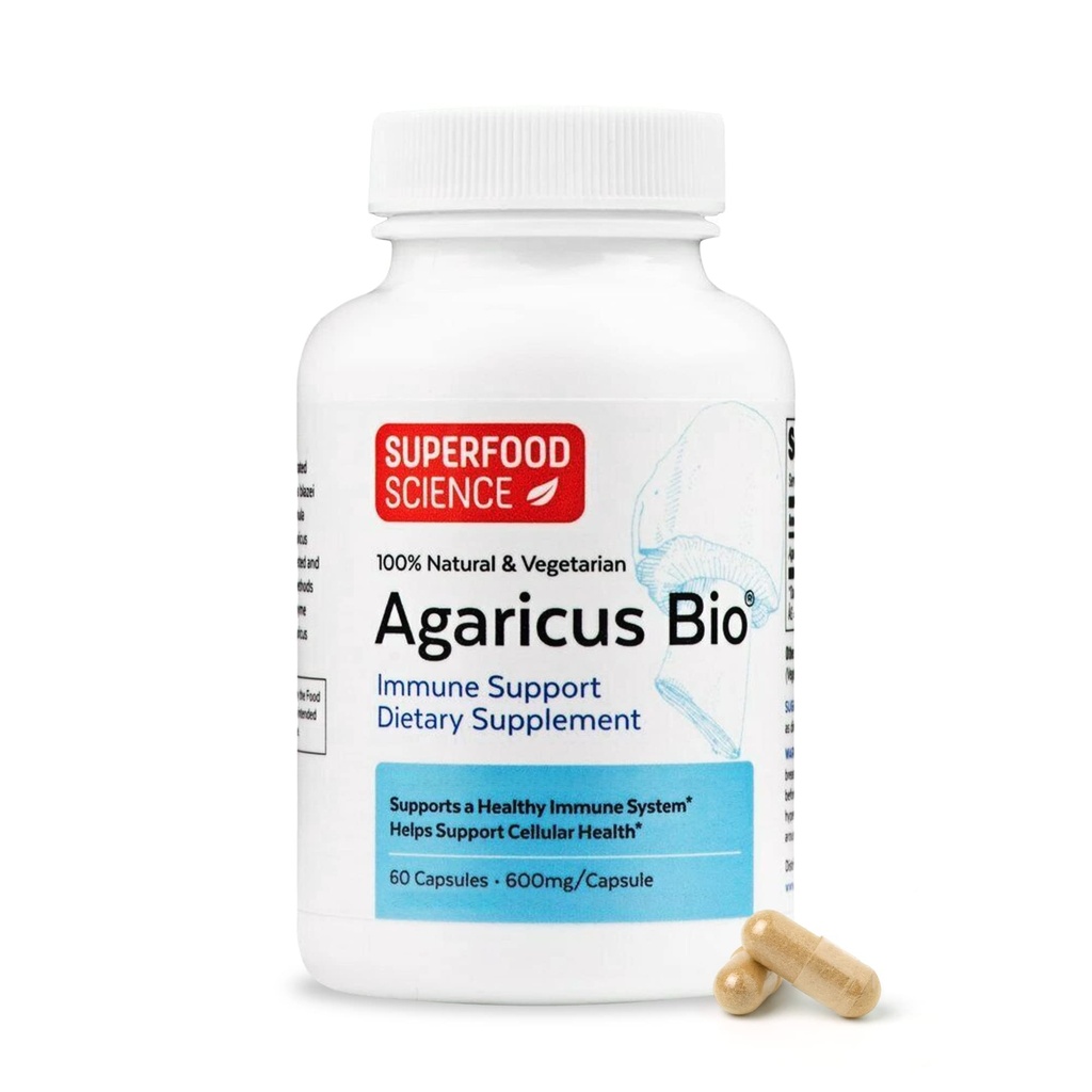 Agaricus Bio 600 mg, Natural Killer Cell Aktivitet -USA- Grown Organic Agaricus Blazei Murill Mushroom for immunforsvar, lever & cellulær sundhed, High Beta Glucan Kosttilskud, 60 Caps