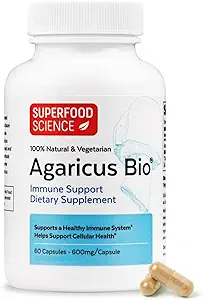 Agaricus Bio 600 mg, Natural Killer Cell Aktivitet -USA- Grown Organic Agaricus Blazei Murill Mushroom for immunforsvar, lever & cellulær sundhed, High Beta Glucan Kosttilskud, 60 Caps
