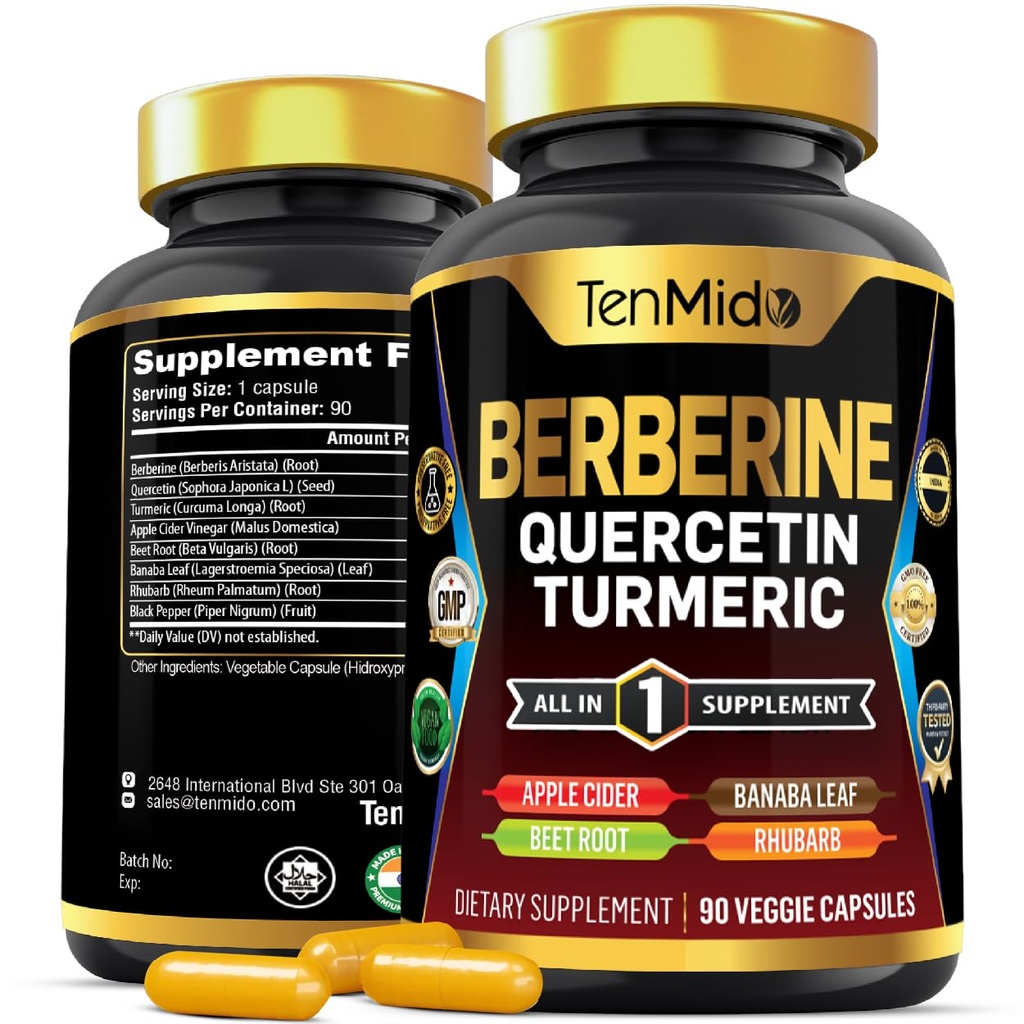Berberine supplement til mænd og kvinder, 8in1 Formel med Quercetin, gurkemeje, Apple Cider Vincipeter, Beet Root & Mere - fordøjelig, immunforsvar - rig på næringsstoffer - 90 kapsler