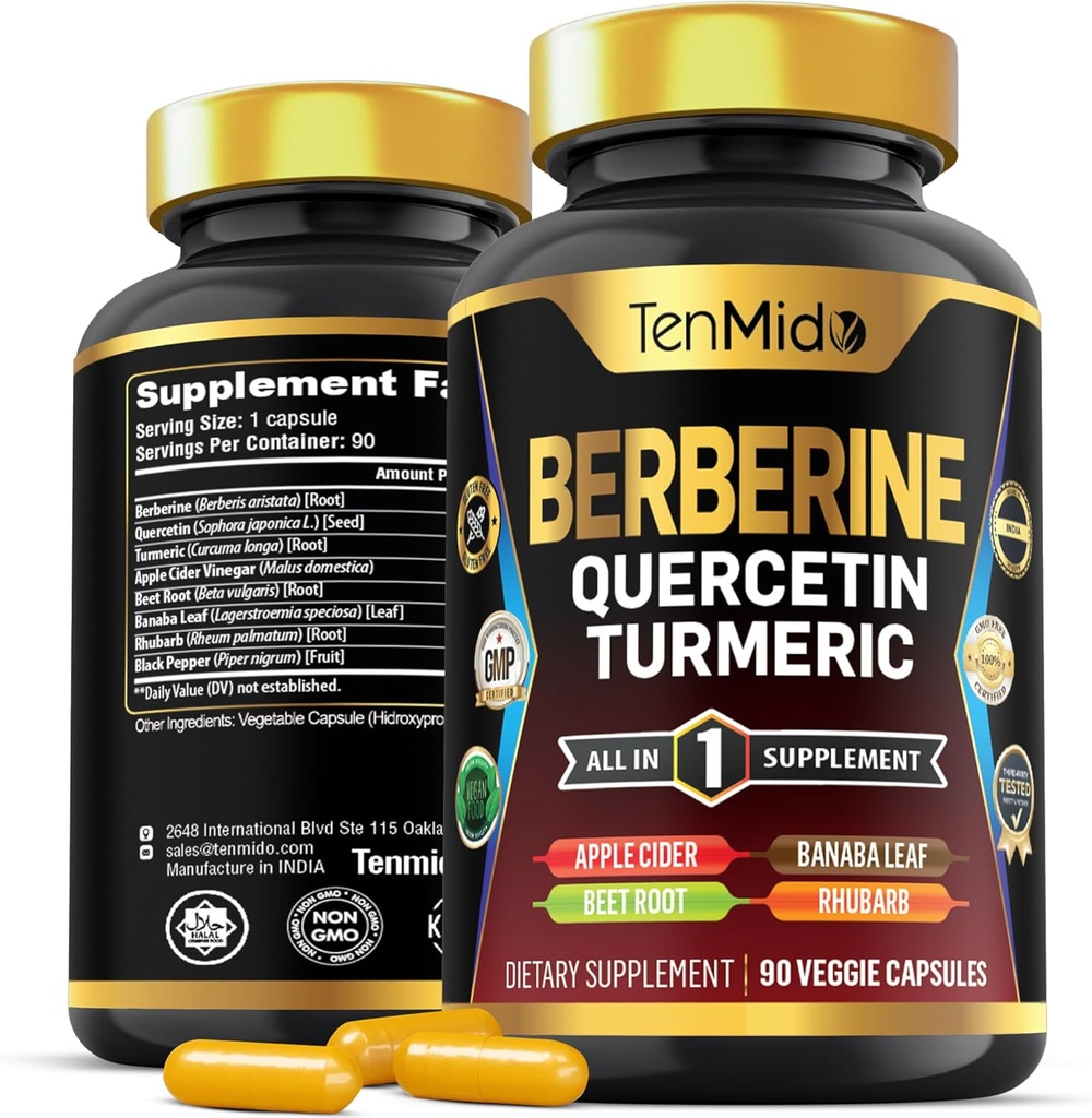 Berberine supplement til mænd og kvinder, 8in1 Formel med Quercetin, gurkemeje, Apple Cider Vincipeter, Beet Root & Mere - fordøjelig, immunforsvar - rig på næringsstoffer - 90 kapsler