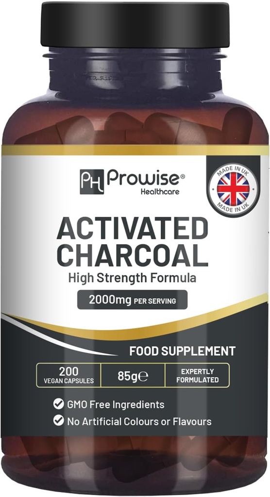 Aktiveret kul kapsler - 200 High Strength Vegan Capsules - 2000mg per servering I Made in The UK af Provise Healthcare