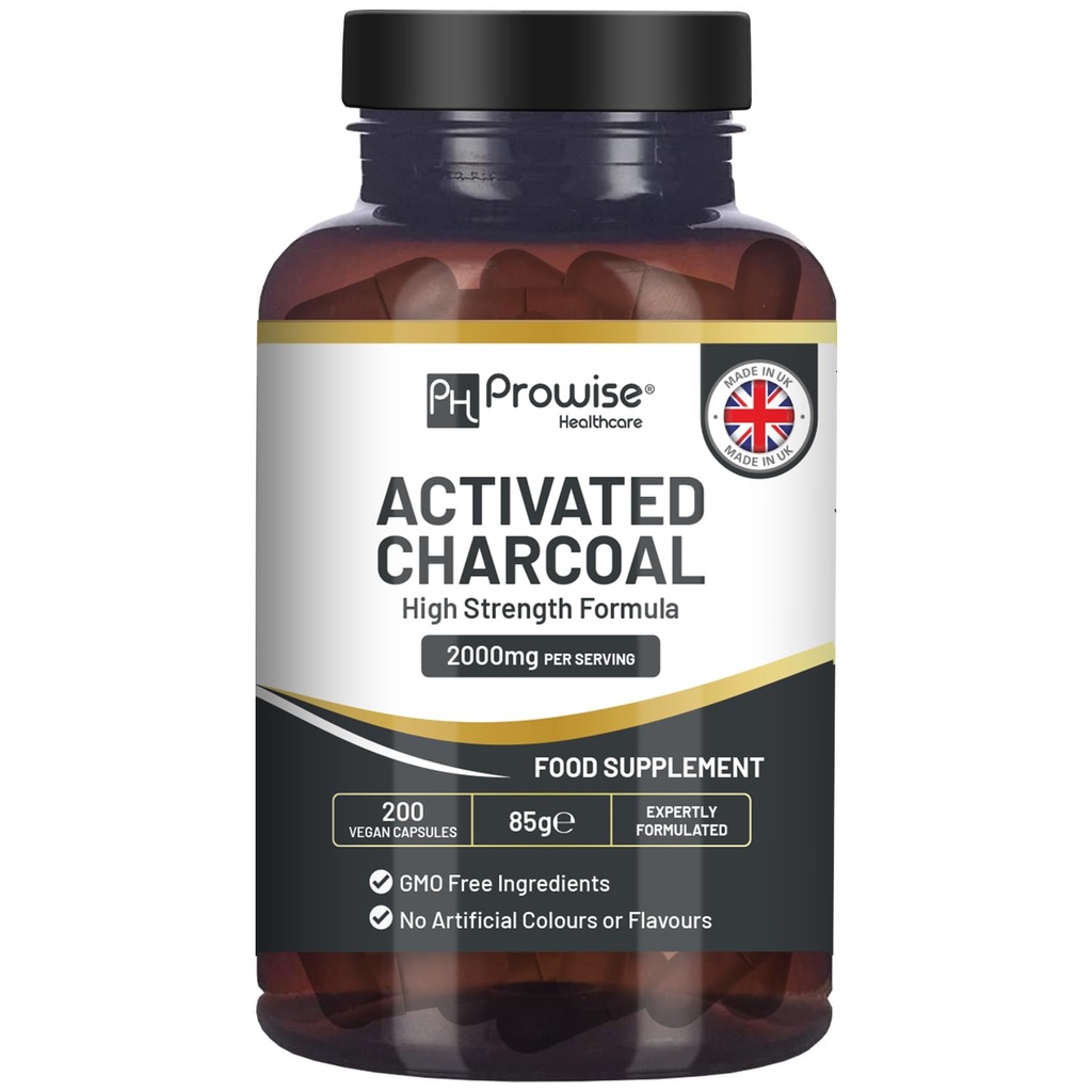 Aktiveret kul kapsler - 200 High Strength Vegan Capsules - 2000mg per servering I Made in The UK af Provise Healthcare