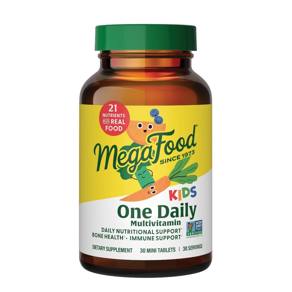 MegaFood Kids One Daily Multivitamin - Praktisk Mini Multivitamin til børn - med zink, Vitamin C, B & D - Vegetarisk, Gluten Free, Ikke GMO - 30 tabletter, 30 Servering