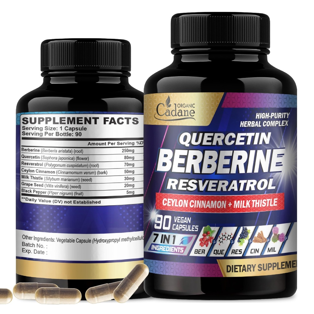 Økologisk Cadane 7in1 Pure Berberine tillæg med Quercetin, Ceylon Kanel, Resveratrol, Mælk Thistle, Grape Seed, og Black Pepper - 90 kapsler til 3th Month Supply - Immunity Health Support
