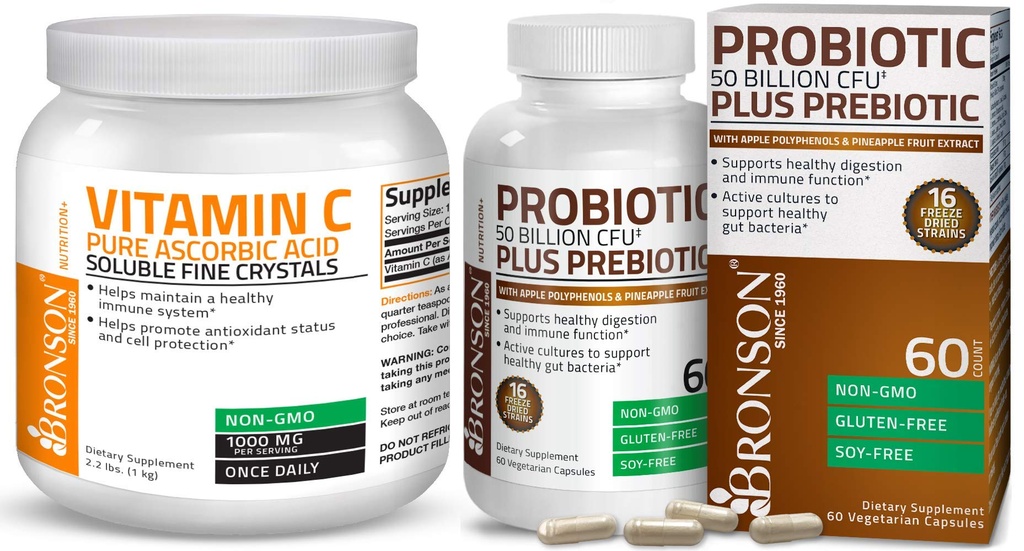 Bronson Probiotisk 50 Millioner CFU + Prebiotic med Apple Polyphenoler & Ananas Frugt Uddrag C-vitamin Pulver Pure Ascorbic Acid Opløselige Fine Non GMO krystaller