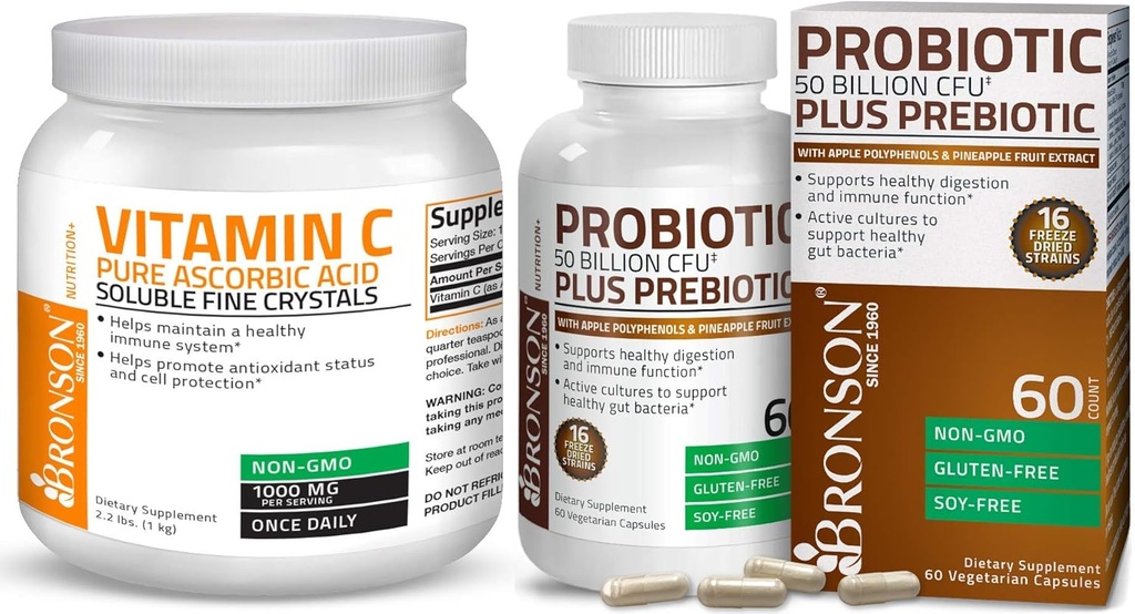 Bronson Probiotisk 50 Millioner CFU + Prebiotic med Apple Polyphenoler & Ananas Frugt Uddrag C-vitamin Pulver Pure Ascorbic Acid Opløselige Fine Non GMO krystaller