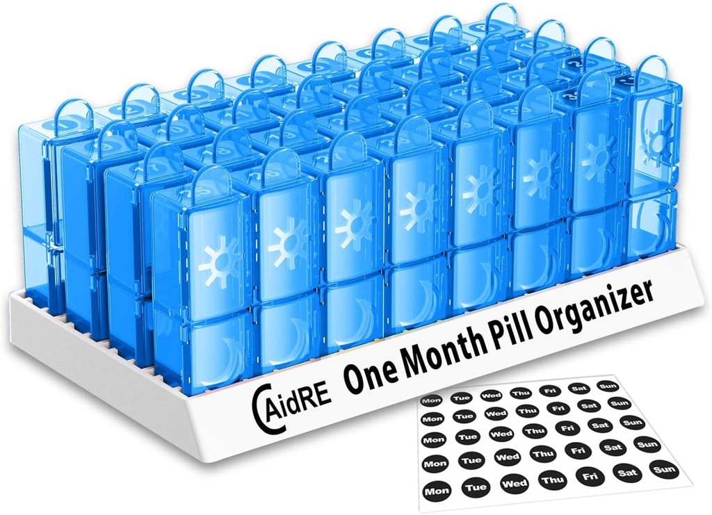 31 Dag Pill Organizer AM / PM - Månedlig Pill Box for Medicin, Vitamin & Kosttilskud - En måned 2 gange en dag Pill sag, 4 Uge Daglig Pill Organizer, Blå