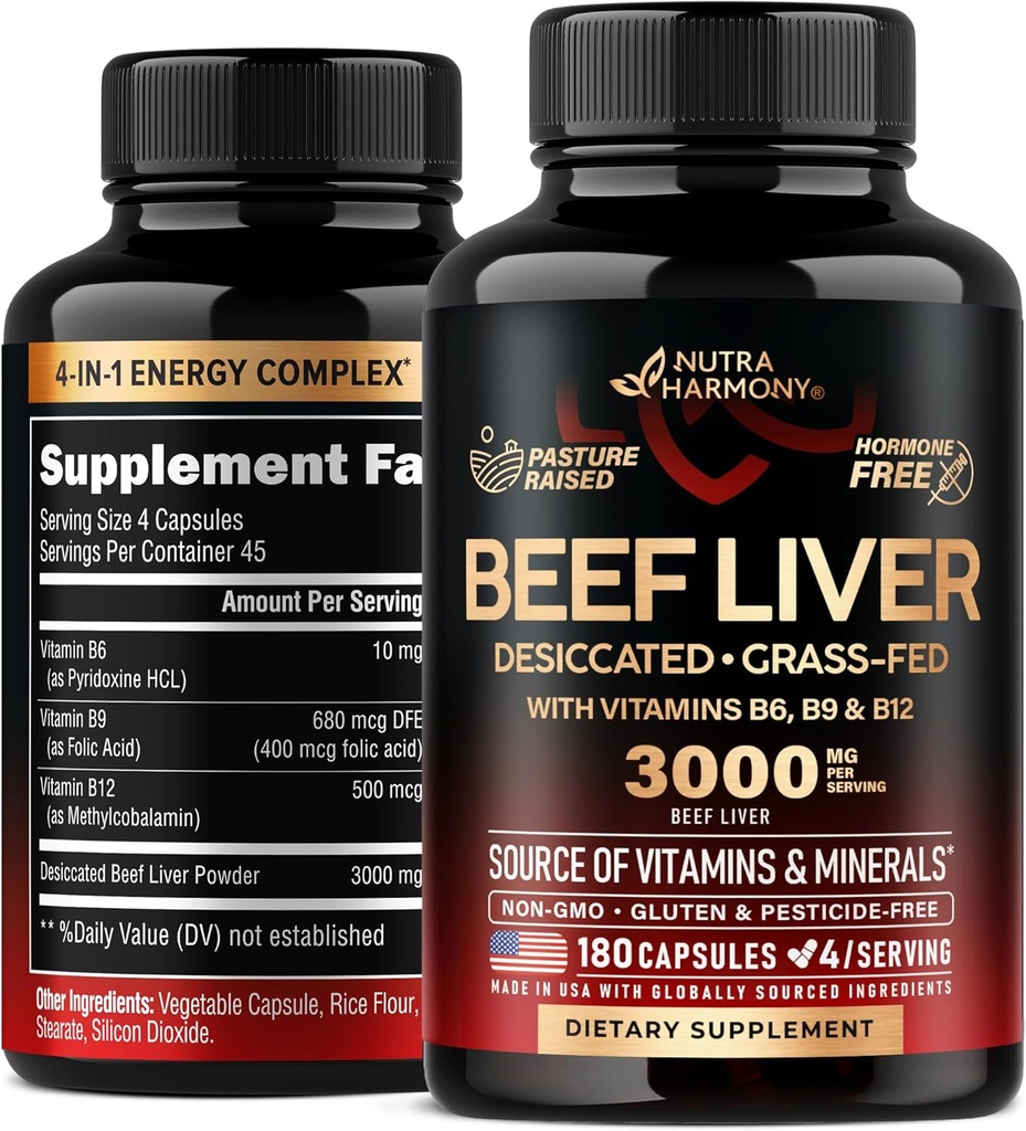 Beef Liver Capsules 3000 mg - Organic Desiccated Beef Liver - Grass-Fed, Pesticide Free & Pasture Raised - For Energy, Brain, Focus & Mood, Skin & Hair Support - with Vitamin B-Complex - 180 Capsules