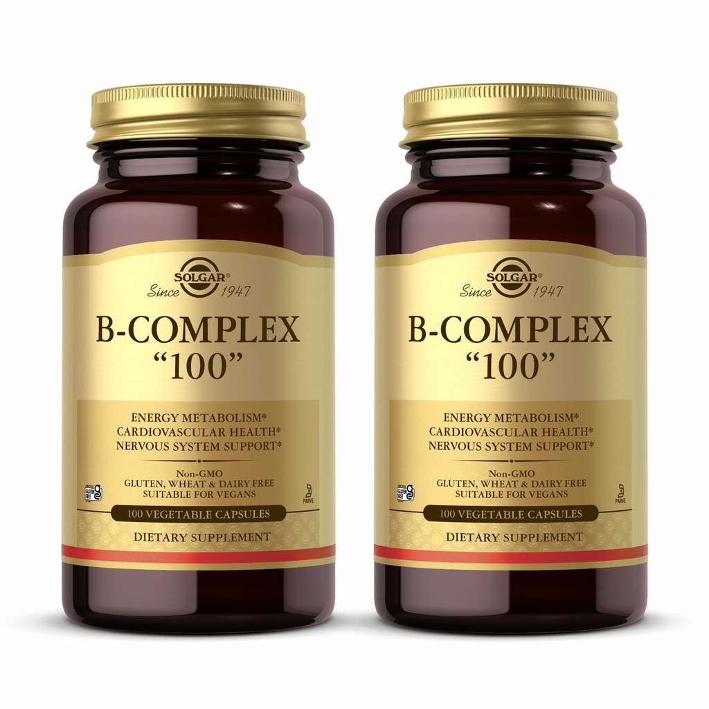 Solgar B- Complex 100 "- 100 Vegetabilske kapsler, pakke af 2 - Energi Metabolisme, Nervesystemet support - Non-GMO, Vegan, Gluten Free - 200 Total Servering