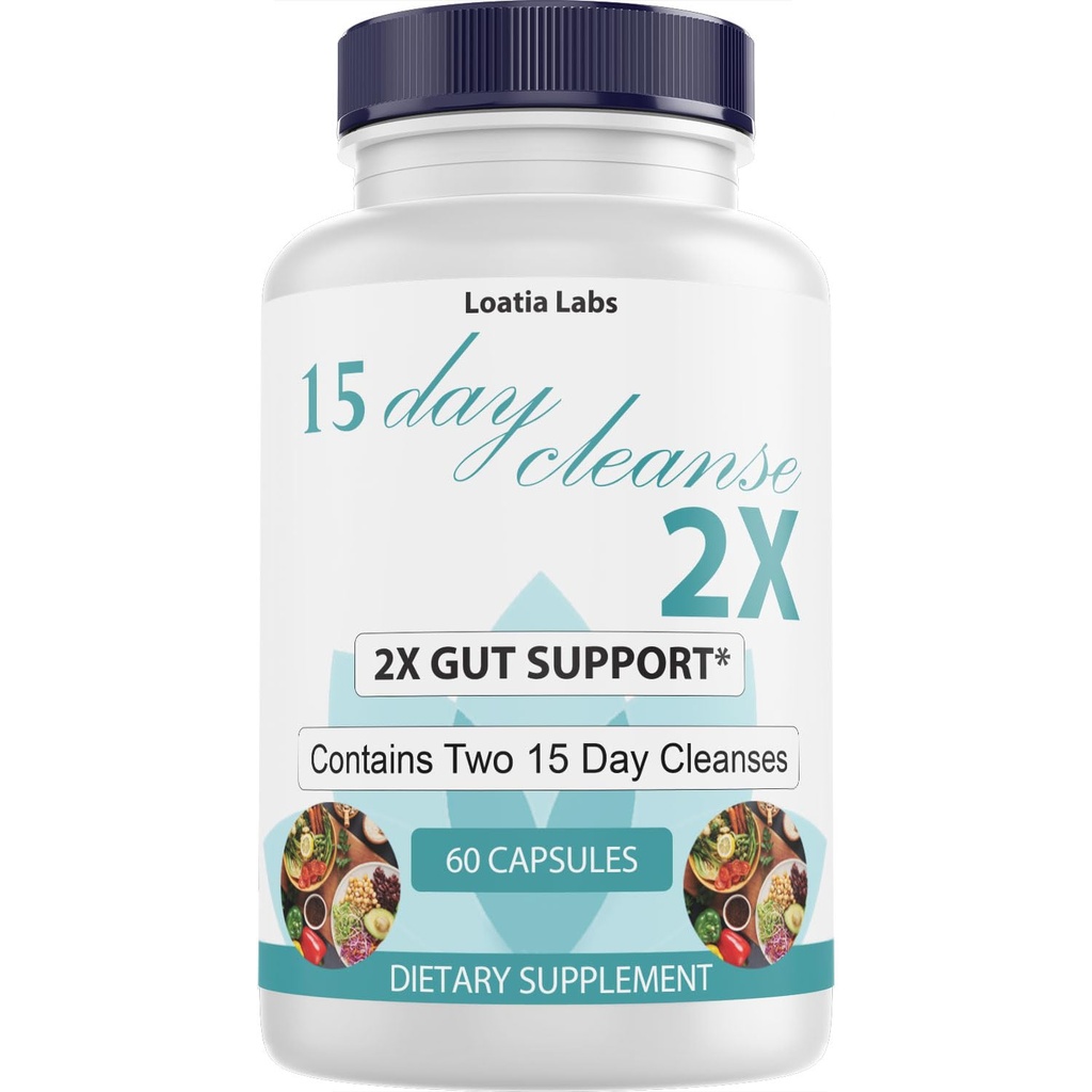 15 Day Cleanse 2X - Dobbelt Gut & Colon Support - Avanceret Gut Cleanse Detox for kvinder og mænd med Alfalfa, Cascara Sagrada, Probiotika & Psyllium Husk - Non- GMO - Made in USA - 60 Kapsler (1 flaske)