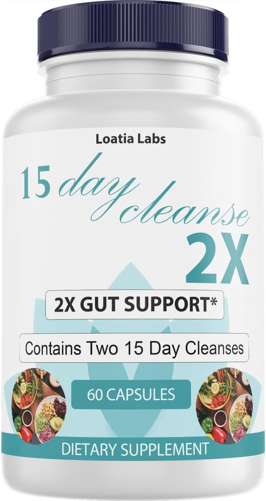 15 Day Cleanse 2X - Dobbelt Gut & Colon Support - Avanceret Gut Cleanse Detox for kvinder og mænd med Alfalfa, Cascara Sagrada, Probiotika & Psyllium Husk - Non- GMO - Made in USA - 60 Kapsler (1 flaske)