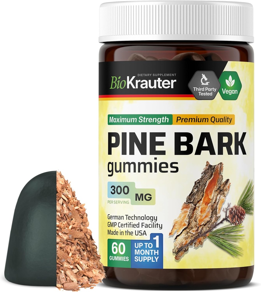 BIO KRAUTER Pine Bark Extract Gummies - 300 mg Strength - 60 Vegan Chews - French Maritime Pine Bark Extract - Antioxidant Supplement - 95% Proanthocyanidins - Pectin-Based Formula
