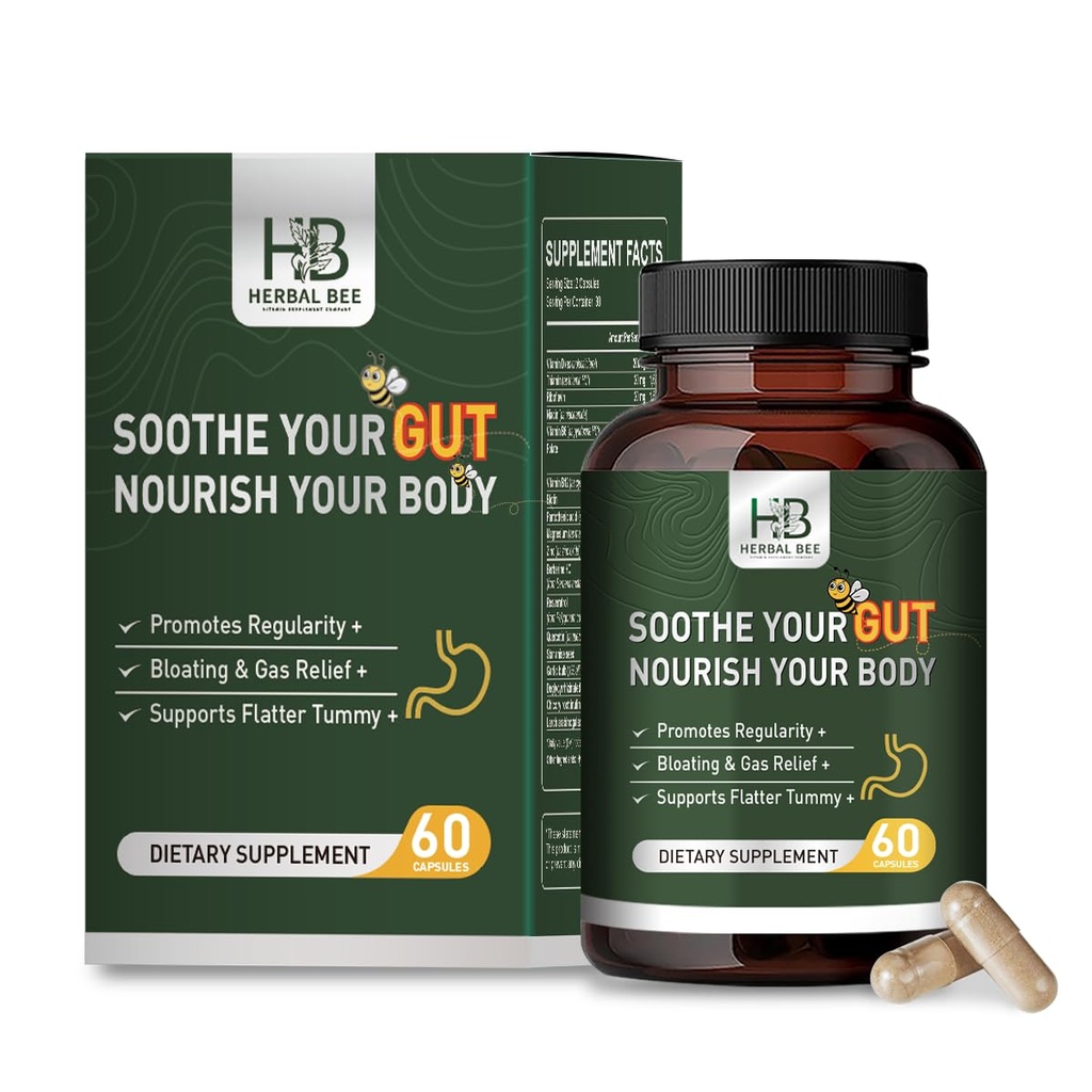 Herbal BEE Gut Health - Gas and Bloating Relief, Forstoppelse, Leaky Gut Reparation - Gut Cleanse & Gendanne fordøjelse - Fremme regelmæssighed, Colon Cleanser, 60 kapsler