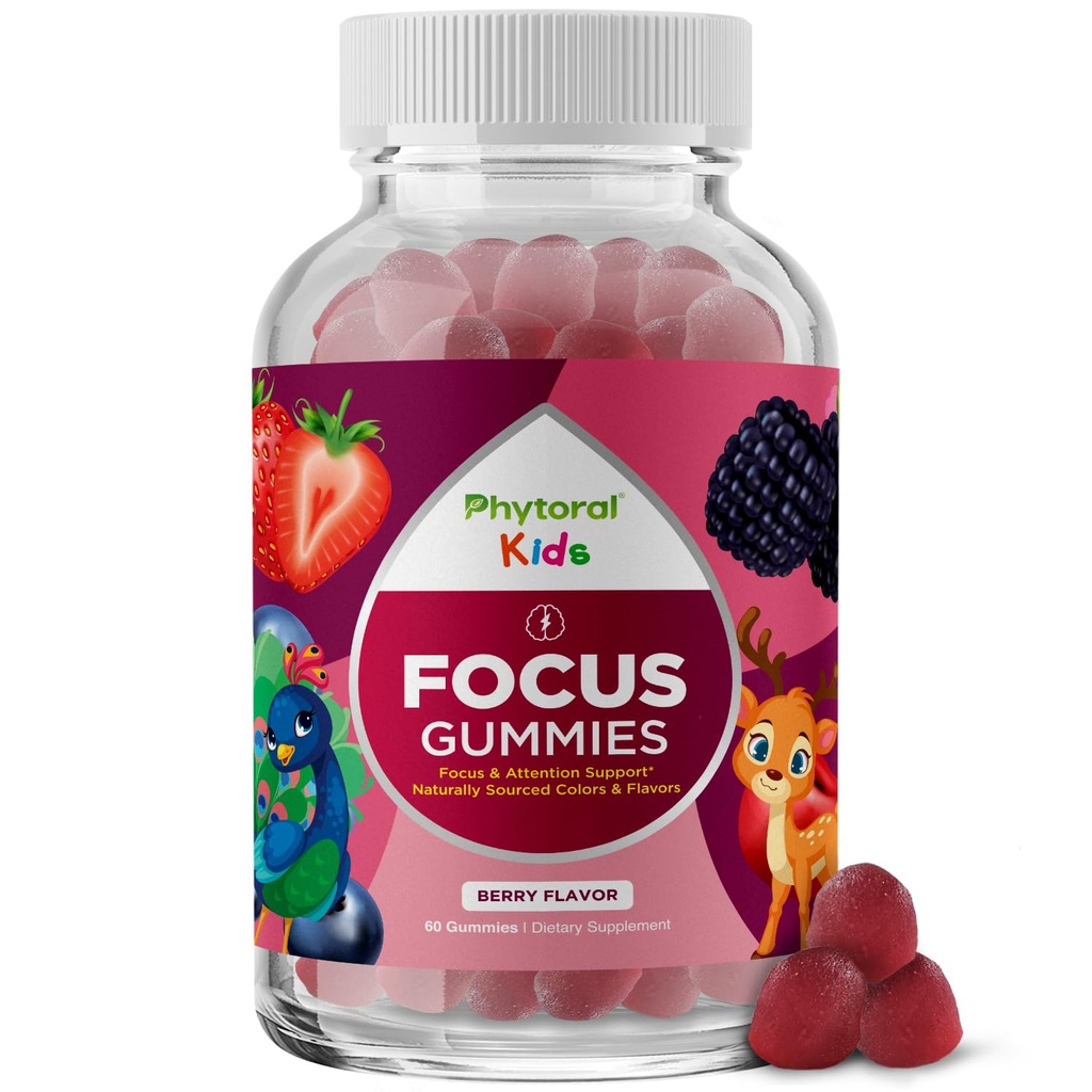 Phytoral Vegan Kids Focus Gummies - Potent Chewable Brain Support for Children - Forbedrer Koncentration & Hukommelse - Opkalkning Kosttilskud & Fokus Gummies for Kids - Ikke-GMO & Gluten- Free - 60 Greve