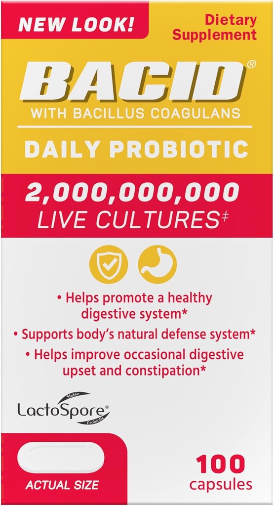Bacid Daily Probiotic with Bacillus Coagulans, Dietary Supplement for Digestive Health, 100 Capsules
