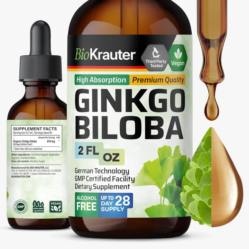 BIO KRAUTER Ginkgo Biloba Extract - Flydende Ginkgo Biloba Kosttilskud til hjerne - Vegan, Alkohol & Sukker Free - 2 Fl Oz