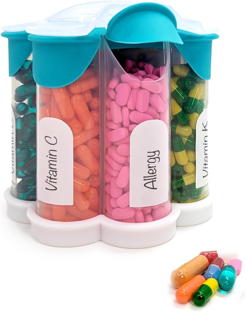 Ekstra Stor Pill Organizer Daglig, Ugentlig, Månedlig Supplement Flaske, Cute Blossom Pill Dispenser med 7 XL kompartmenter, Easy- Open Pill Box for Vitaminer, Medicin, Etiketter inkluderet (Teal)