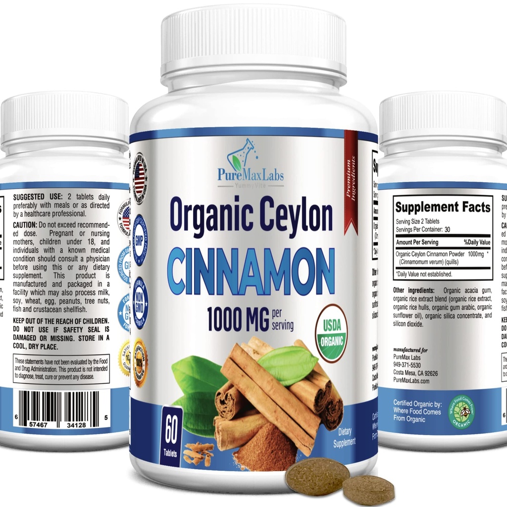 Økologisk Ceylon kanel - 1000 mg per servering, Certificeret Økologisk sand kanel supplement, antioxidant, hurtig absorption - 60 tabletter