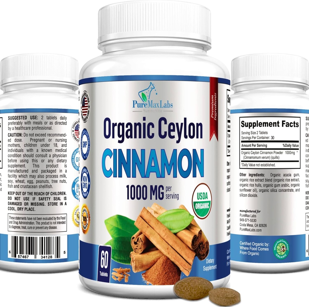 Organic Ceylon Cinnamon - 1000mg per Serving, Certified Organic True Cinnamon Supplement, antioxidant, Fast Absorption - 60 Tablets