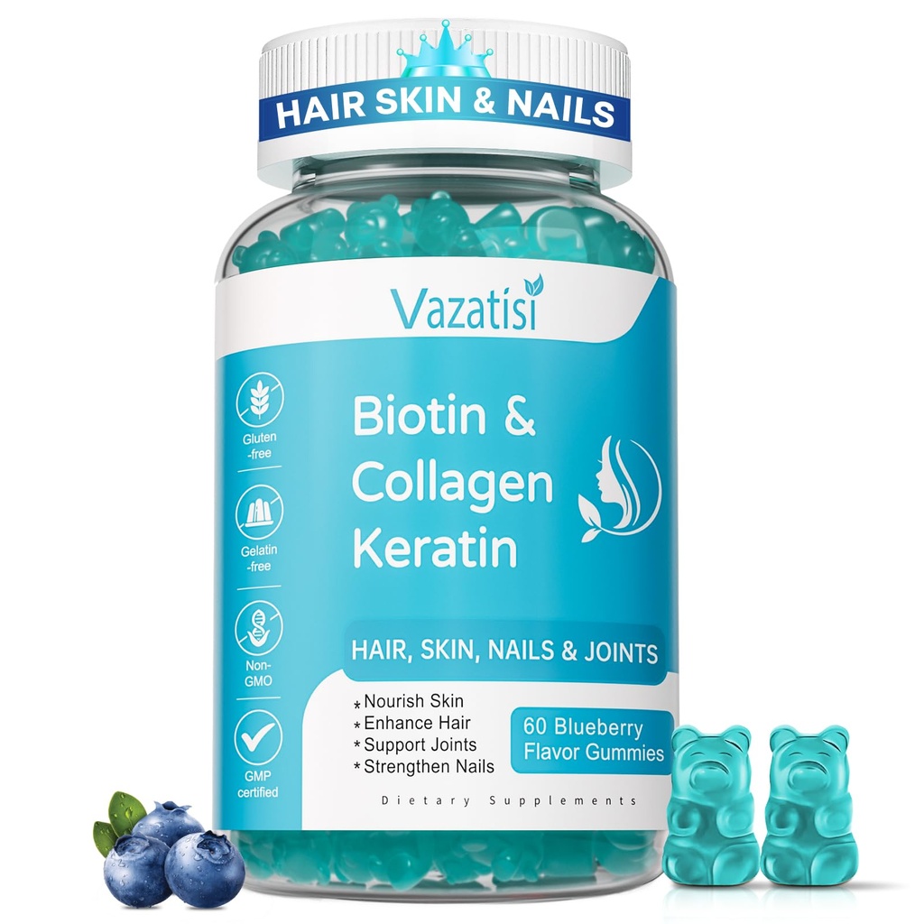 Biotin Gummies med Collagen & Keratin til hår hud Nailer- Understøtter hårvækst og stærkere negle, Mænd, Børn - 60 Blåbær Tyggegummi