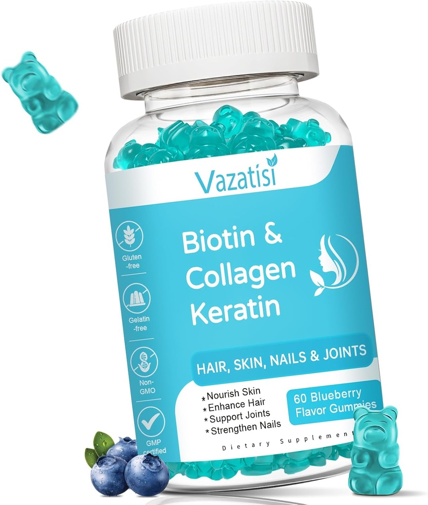 Biotin Gummies med Collagen & Keratin til hår hud Nailer- Understøtter hårvækst og stærkere negle, Mænd, Børn - 60 Blåbær Tyggegummi