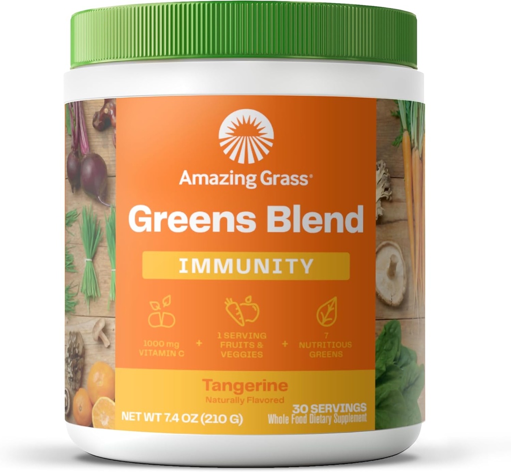 Amazing Grass Green Superfood Immunity: Super Green Powder med C-vitamin, Cordyceps, Beet Root Powder & Reishi svampe, Tangerine, 30 Servere