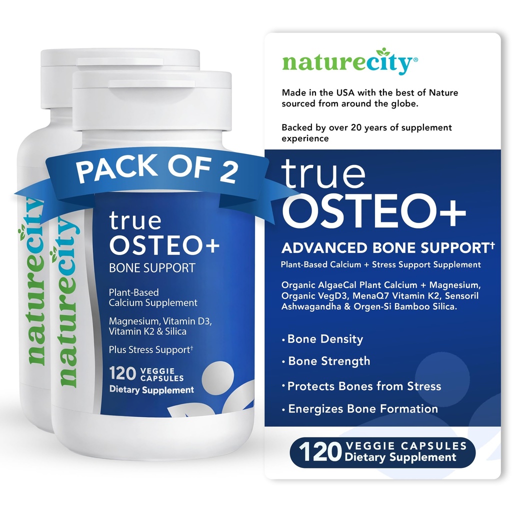 NatureCity True- Osteo + Bone Support med Ashwagandha - for styrke & densitet - Plantbaseret Calcium med Organic AlgaeCal, Magnesium, D3- vitamin, K2, Silicon & Stress Support Name 124; 240 Veggie Capsules