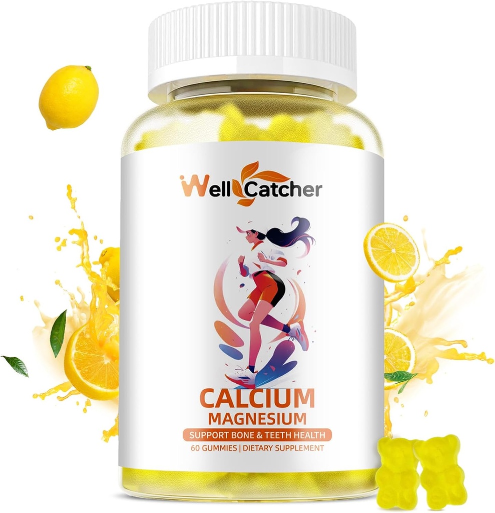 Calcium Magnesium Gummies Voksne Børn - Sukker Free Chewable Vegan Alger Calciumtilskud til kvinder Mænd Support Plus Bone Styrke med Zink Kalium Vitamin D3 K2 Lemon Flavor 60CT