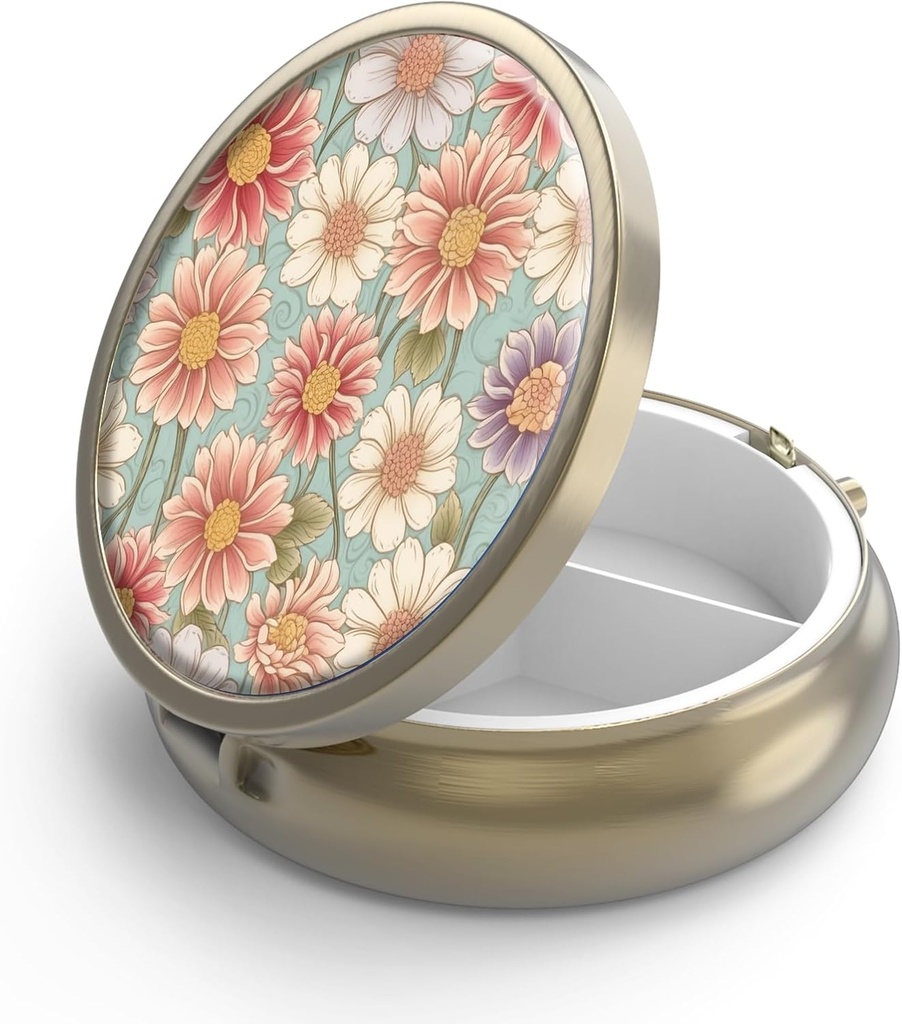 Pill Case Pill Box med spejl Retro 3 Segment Lille Pill Organizer til purse eller Pocket Bronze Lille Roud Pill Box eller Vitaminer, Fiskeolie, Kosttilskud, Pill Containe Rejsegaver Retro Floral