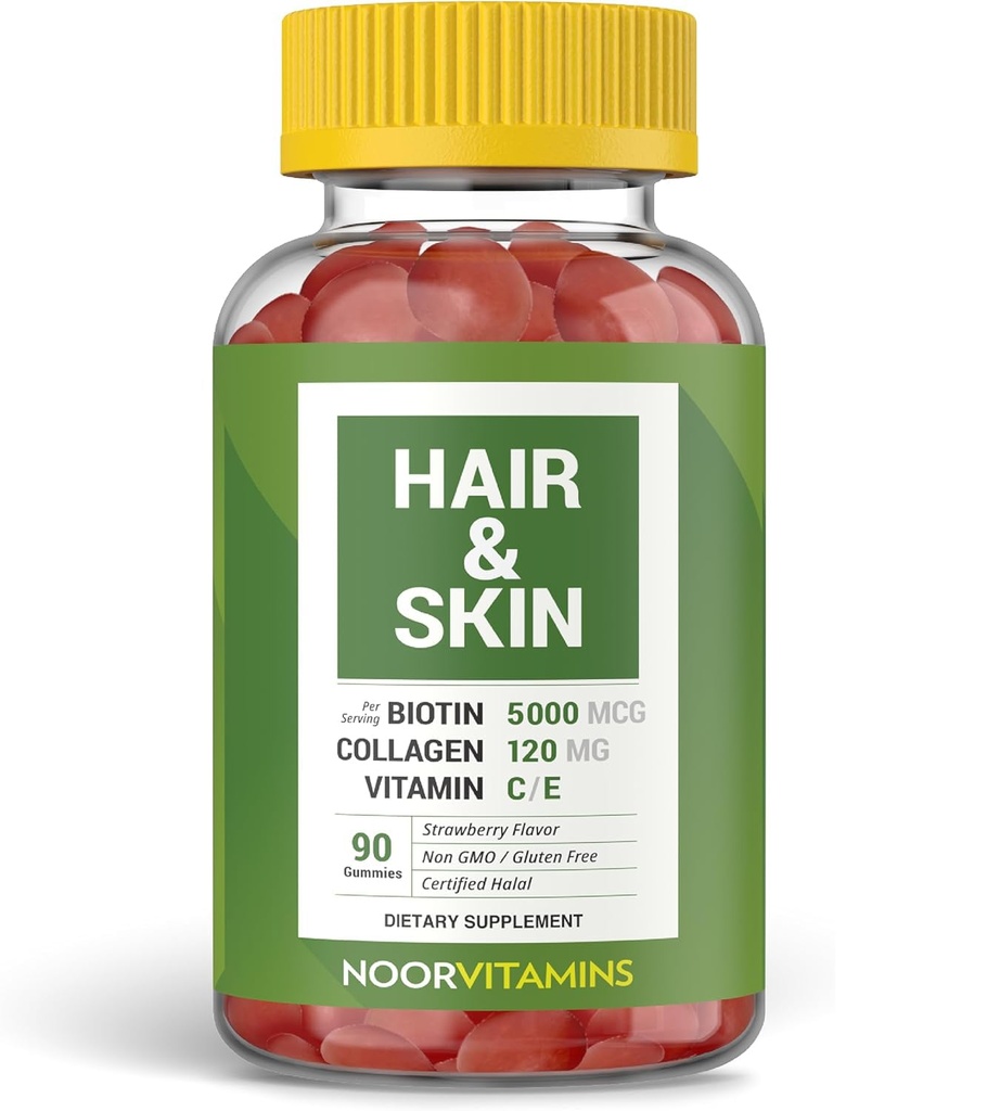 Noor Vitamin Halal Hår Vitamin Biotin, Collagen, Silica, C-vitamin & E understøtter hår, hud & nail sundhed; Natural Strawberry Gummy Vitamin. Gluten Free & a Certified Halal Vitamin (90 Greve)