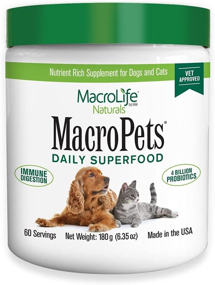 MacroLife Naturals MacroPets Green Superfood supplement pulver Topper til hund kat lille pattedyr, naturlig ernæring Boost Probiotika fordøjelsesfremmende enzymer E-vitamin - immungut sundhed & energi - 6.35oz