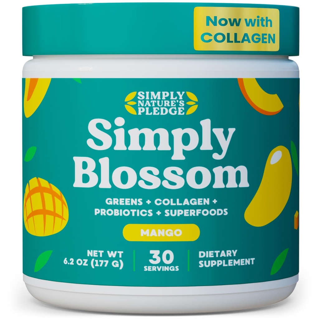 Simply Blossom Nutrition Daily Green & Superfood Powder + Collagen + Probiotika til kvinders fordøjelsesmæssige sundhed & Bloating Relief. Hjælp dit helbred Bloom - 30 dages forsyning - Mango