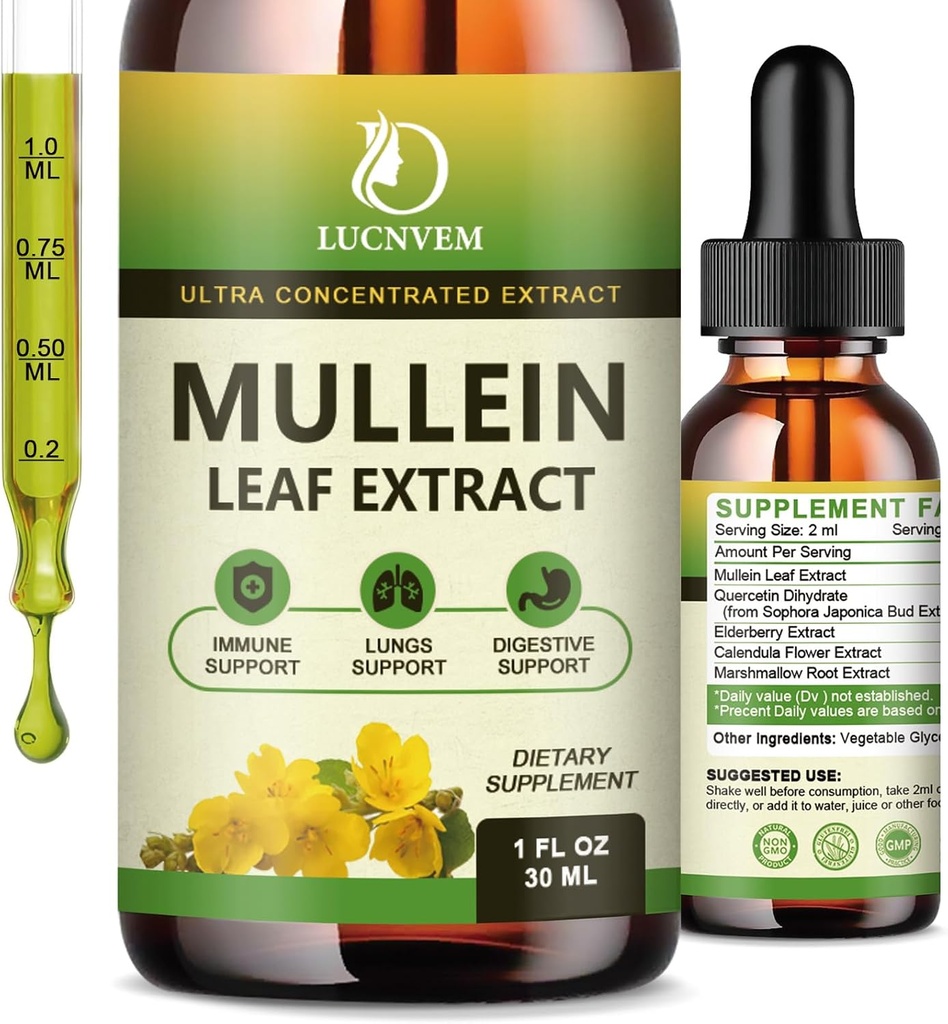 (2 Pack) 98% Absorption Mullein Drops til Lungs, Kraftfuld 5 i 1 Mullein Leaf Herbal Blend Extract, Natural Lungs Support Supplement til Lungs Cleanse & Detox og Respiratory Lung Sundhed