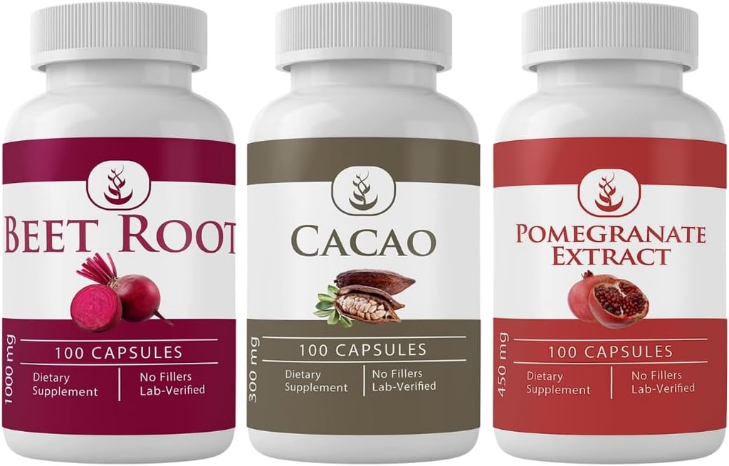 PURE ORIGINAL INGREDIENSER Cacao, Pomegranat, & Beet Root Bundle (100 kapsler Hver), Ingen tilsætningsstoffer eller Fillers, Lab Verified