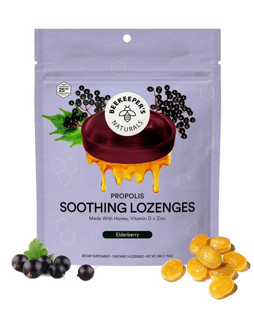 Biavlerens Naturals Lindrende Honey Elderberry Hoste Dropper immunstøtte med D-vitamin, Zink og Propolis Hals Lindrende Lozenges, 14 Ct