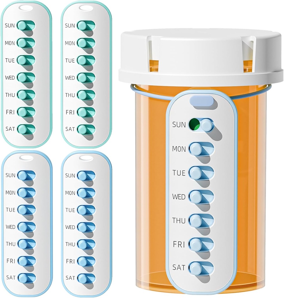 Odaro 4 Pack Pill Reminder, Lanyad eller Sticker Pill Tracker, Arbejde med de fleste flasker, Genanvendelig Medicin Tracker Erstatning af Vitamin Weekly (7 dag) Medicin Organizer