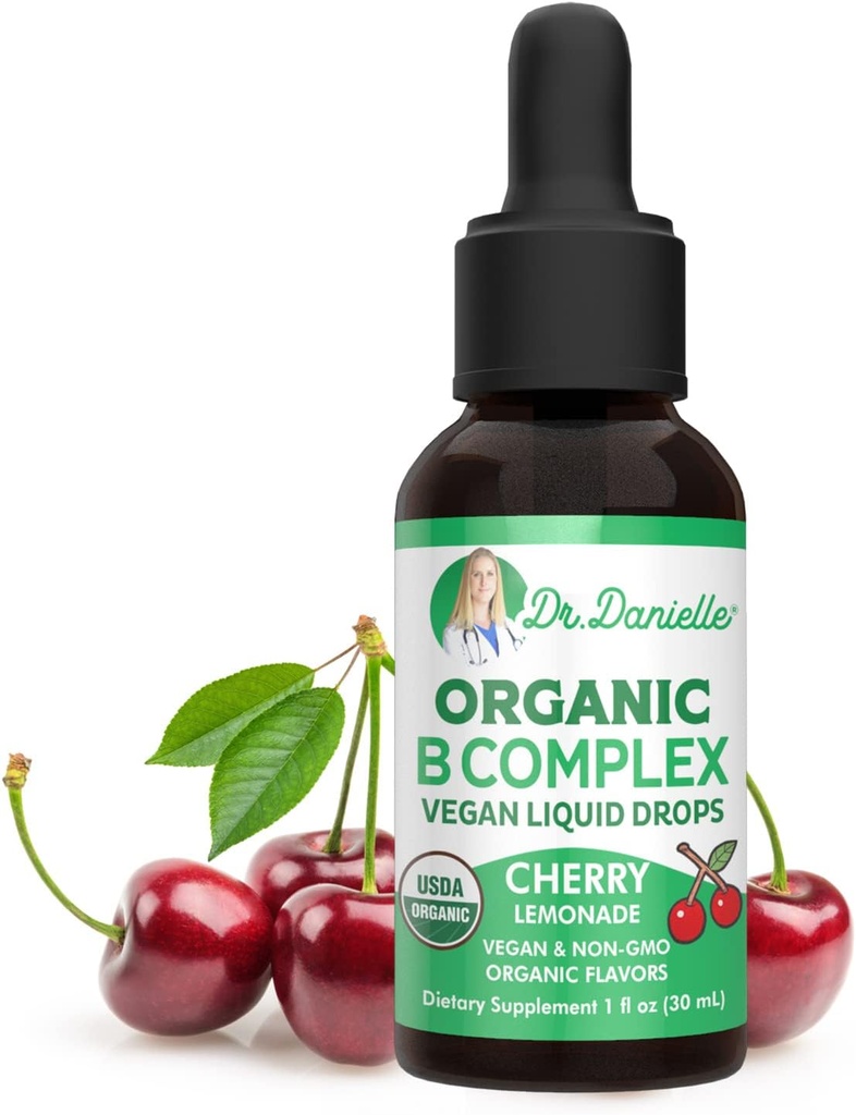 Organic Vitamin B Complex Liquid Dryps Note 124; B Vitamin Complex Supplement med B3, B6, B7, B9 & Methyl B12 Dryps til voksne & Kids; 124; Vegan Cherry Flavor 1oz Note 124; 60 Servering / 2 Måned Supply